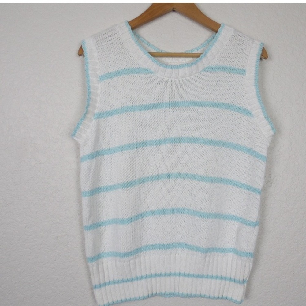 Cape Isle Knitters Women Sweater Vest SZ Small White Blue Stripe 100% Cotton USA